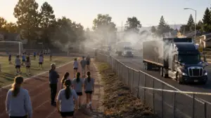 Suburban sports field with busy road
