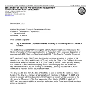HCD Notice of Violation of the California Surplus Land Act -- from HDC to the City of Roseville